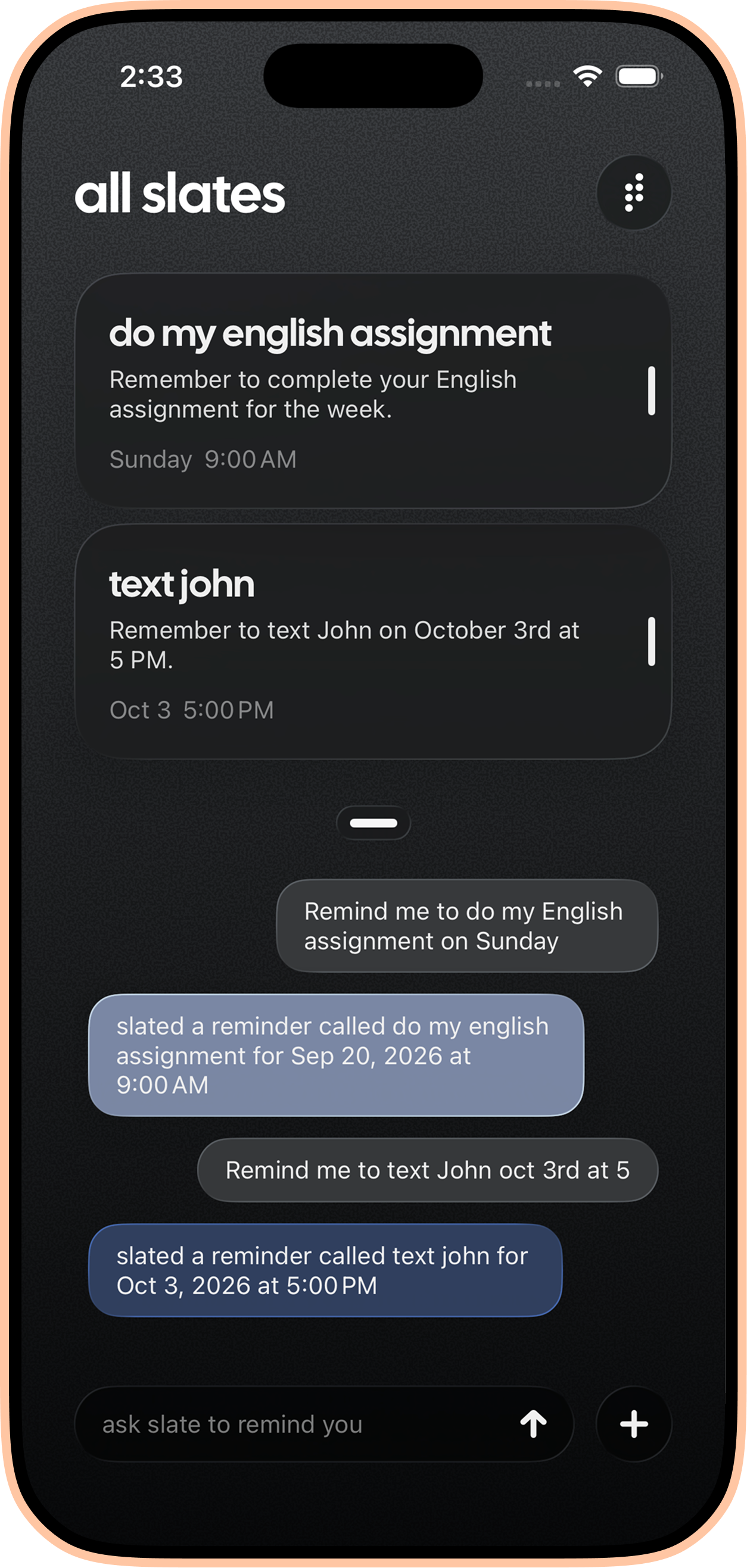 Creating reminders by chatting with Slate